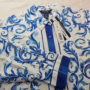Investments Petites PXL Stretch Linen Blue White Scroll Button Down Shirt 1188